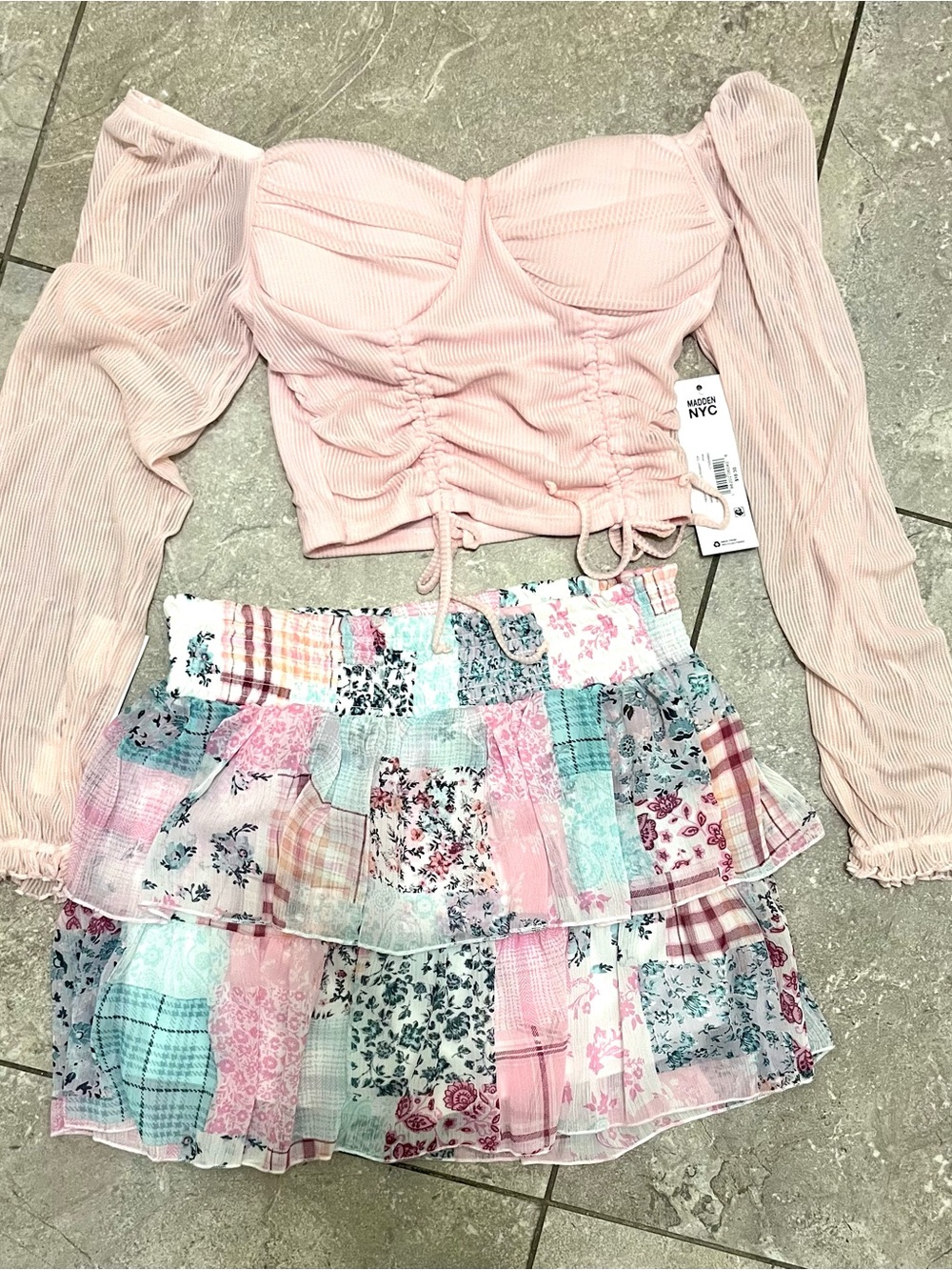 Pink Ruched Off-Shoulder Crop Top & Patchwork Tiered Skirt Set